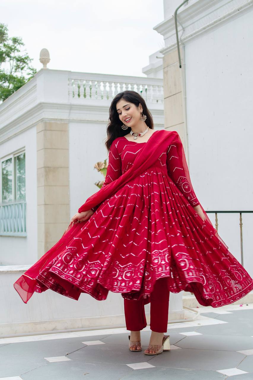 Maroon Embroidered Faux Georgette Anarkali Set