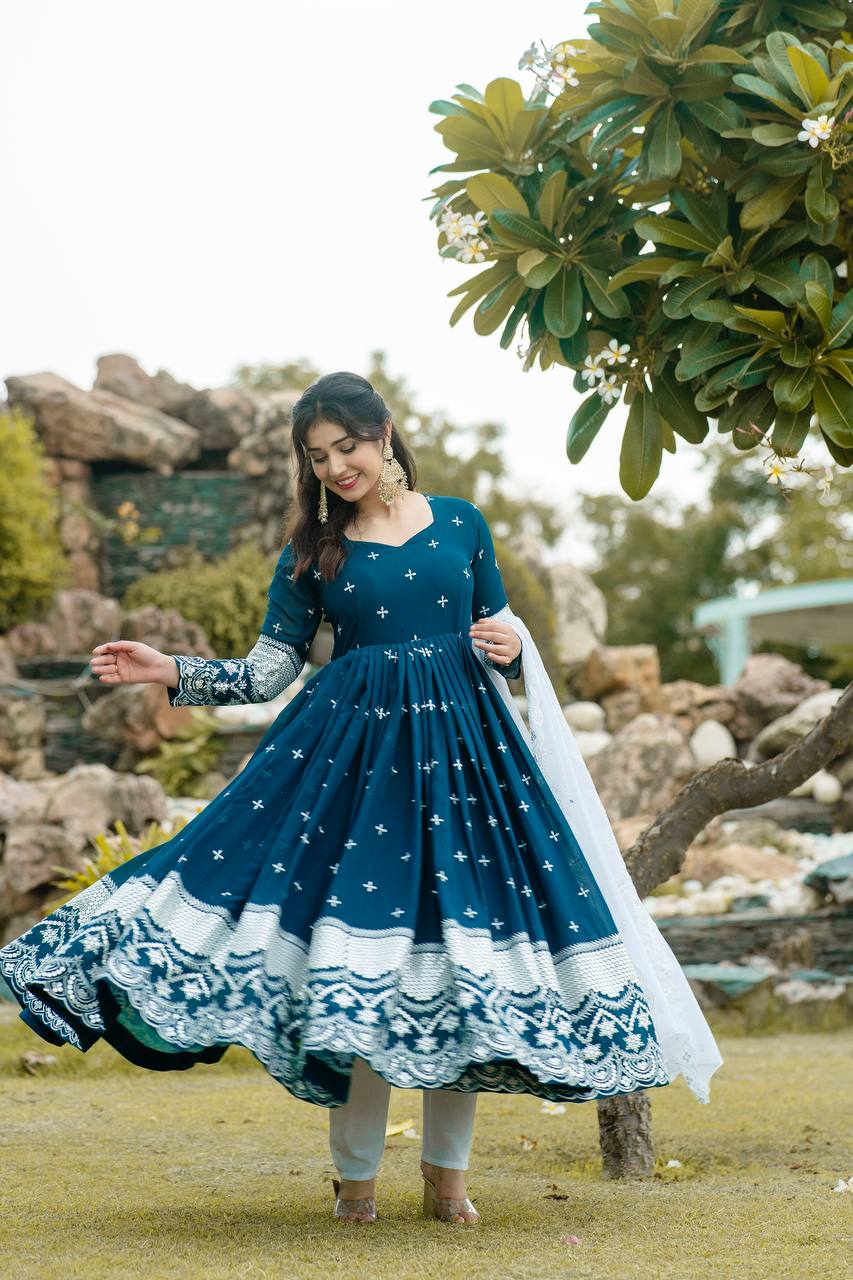 Teal Embroidered Faux Blooming Anarkali Set