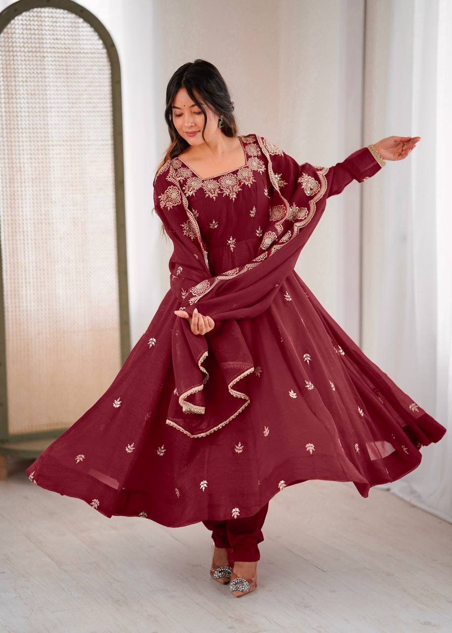 Maroon Embroidered Anarkali Suit Set