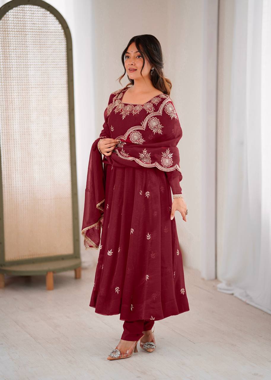 Maroon Embroidered Anarkali Suit Set